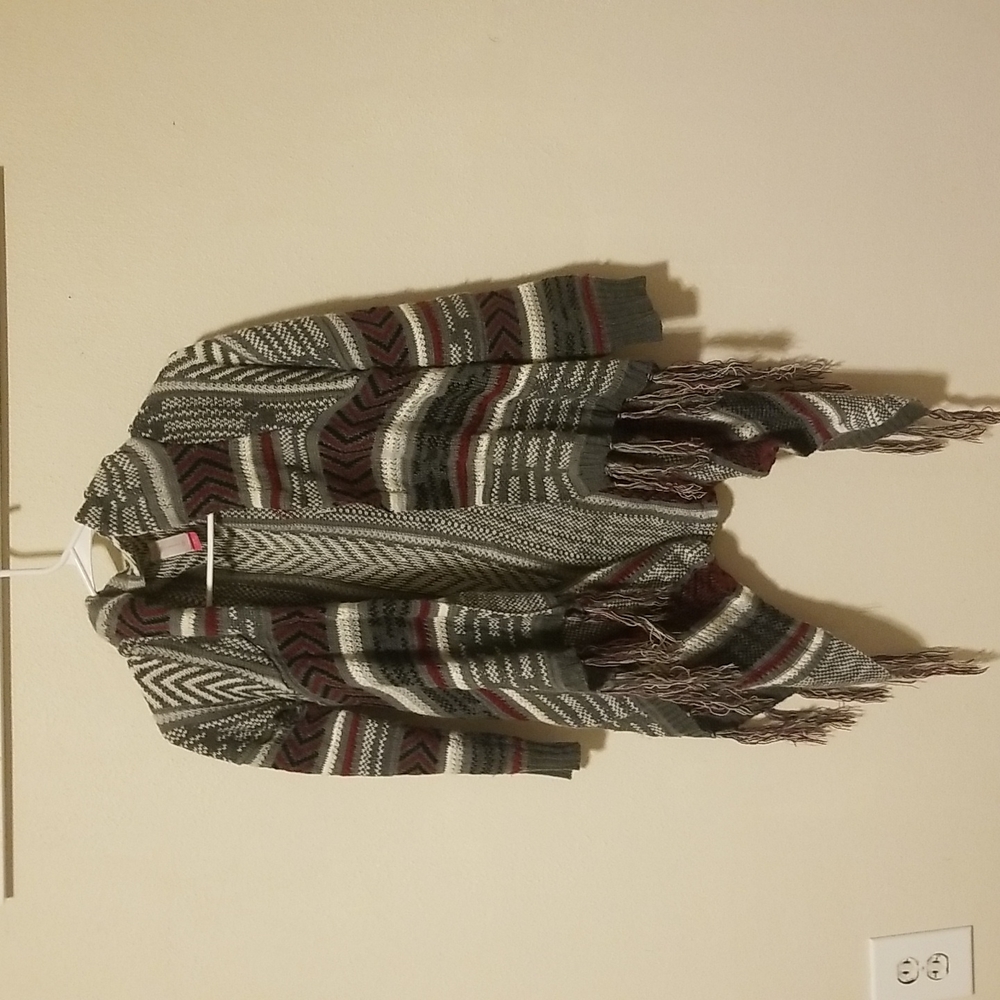 Burgundy, grey, black, and white cardigan
